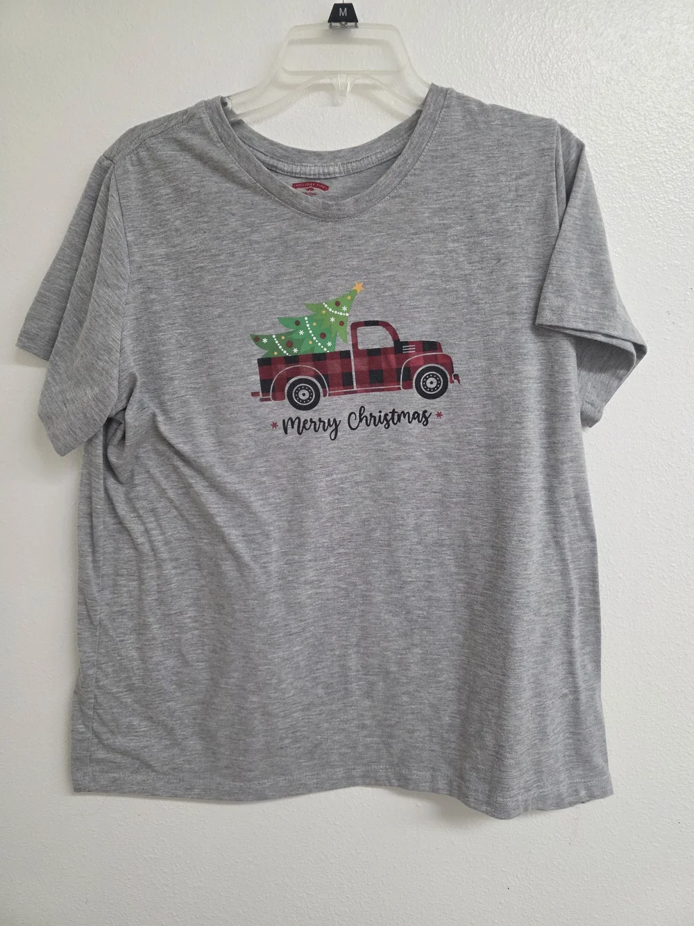 Holiday Time Grey Short-Sleeve Tee with Red Plaid Truck and Green Tree (0706)